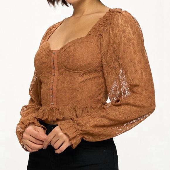 Chocolate USA Lace Corset Flounce Sleeve Crop Top - Picture 9 of 11